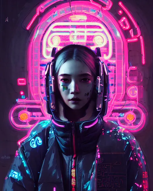 Image similar to detailed portrait Neon Operator Girl cyberpunk futuristic neon Reflective puffy coat, decorated with traditional japanese ornaments by ismail inceoglu dragan bibin hans thoma greg rutkowski Alexandros Pyromallis Nekro Rene Margitte illustrated Perfect face, fine details, realistic shaded, fine-face, pretty face