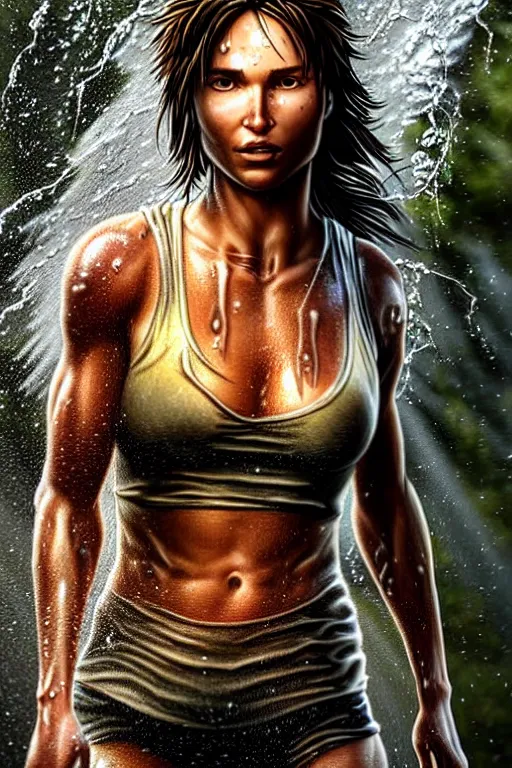 Image similar to portrait of a beautiful lara croft, drenched body, wet dripping hair, emerging from the water, fractal crystal