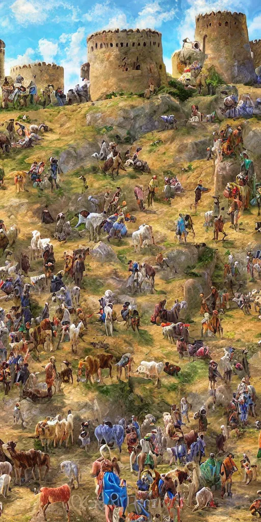 Prompt: a herd of goats in a tall citadel, colorful, beautiful, highly detailed digital painting