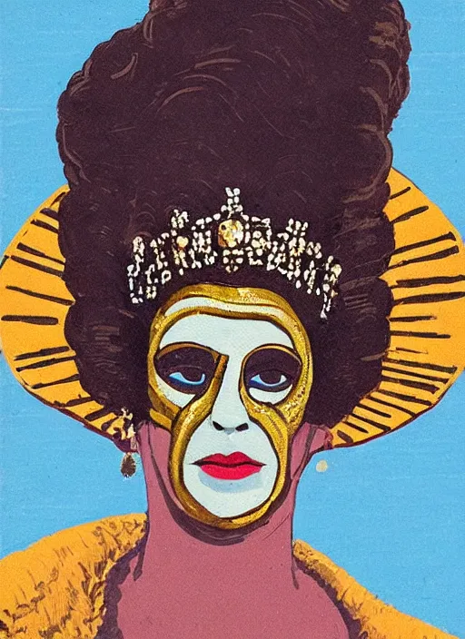 Image similar to an extreme close - up low angle portrait of the young extravagantly dressed queen wearing opera mask in a scenic representation of mother nature and the meaning of life by billy childish, thick visible brush strokes, shadowy landscape painting in the background by beal gifford, vintage postcard illustration, minimalist cover art by mitchell hooks