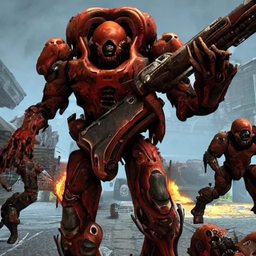 Image similar to bloody hell scene, doom slayer walking on human bloody dead bodies, shooting with heavy bolt rifle towards demons, view from side