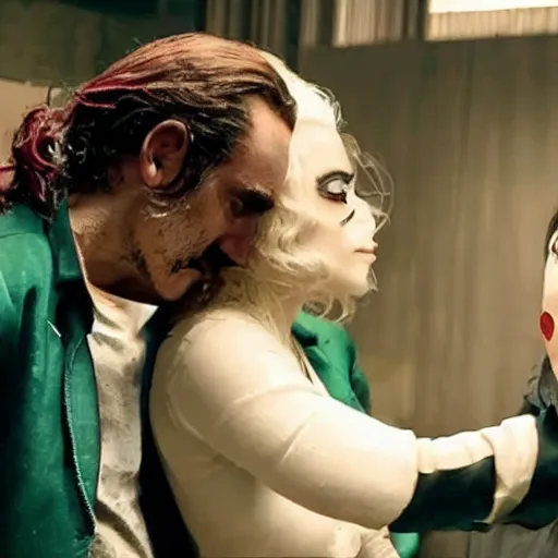 Image similar to ultra realistic candid photograph from joaquin phoenix with lady gaga in new joker movie footage's, intricate details, face details, proportional body details, full medium shot, paparazi shot