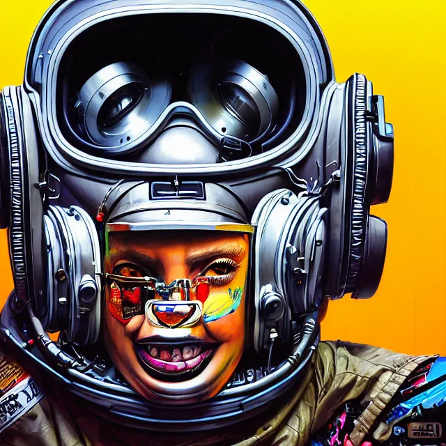 Image similar to a portrait of an anthropomorphic cyberpunk baboon in a crash helmet by sandra chevrier, detailed render, tape deck, boombox, headphones, epic composition, cybernetics, 4 k realistic, cryengine, realistic shaded lighting, sharp focus, masterpiece, by matteo scalera, gary montalbano, peter elson in the style of the tokyo ghost comic