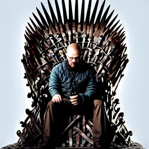 Image similar to “ very very very very intricate photorealistic screenshot of a walter white on the iron throne in an episode of game of thrones, detailed atmospheric lighting, award - winning crisp details ”