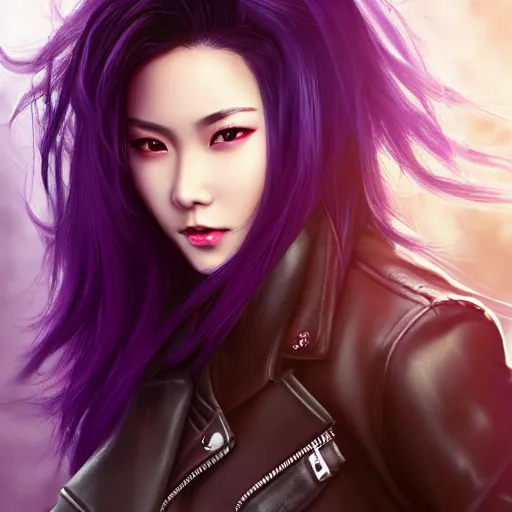 Image similar to photo of a gorgeous asian female with long dark purple hair in the style of stefan kostic, realistic, cyberpunk, leather jacket, aviators, body shot, sharp focus, 8 k high definition, insanely detailed, intricate, elegant, art by stanley lau and artgerm, floating embers