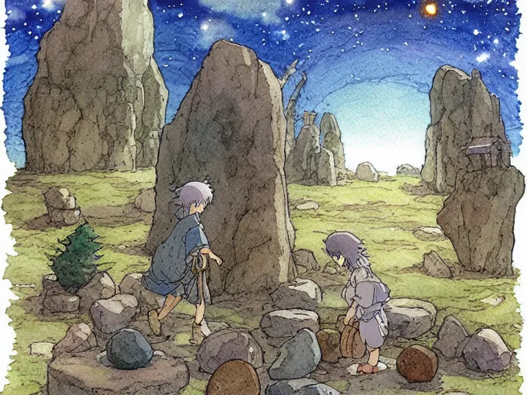 Prompt: a simple watercolor studio ghibli movie still fantasy concept art of a giant medieval kid playing with stones like they are toys in a tiny stonehenge. it is a misty starry night. by rebecca guay, michael kaluta, charles vess