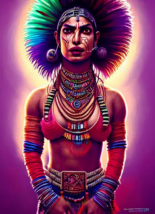 Prompt: portrait of priyanka chopra, hyper detailed ultra sharp aztec shaman warrior. trending on artstation, warpaint aesthetic, bloodwave, colorful, psychedelic, ornate, intricate, digital painting, concept art, smooth, sharp focus, illustration, art by artgerm and greg rutkowski and h. r. giger, 8 k