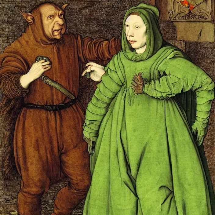 Image similar to a goblin monster and a woman in a green cloak, by Hans Holbein the Younger