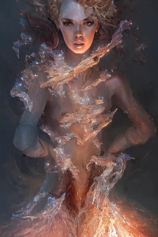 Image similar to torso closeup model wearing exploding fire crystal dress, sorcerer, diamonds,, refractions, crystal dust, ice dust, diamonds, fantasy, dramatic lighting, highly detailed, digital painting, holding electricity, hyper detailed, 3 d render, detailed portrait, peter mohrbacher, wlop, ruan jia