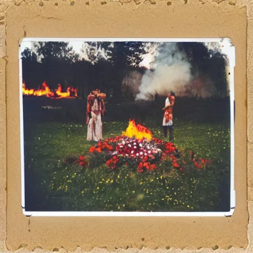 Image similar to midsommar festival, polaroid, fire, flowers