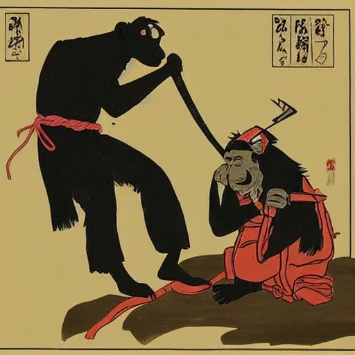 Image similar to a monkey cutting a samurai's hair.