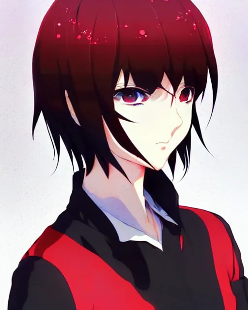 Image similar to makoto shinkai, artgerm, ilya kuvshinov, beautiful anime women with black red and red lace trim, black and red hair, wind powers symmetrical face, symmetrical eyes, detailed, field setting, cinematic lighting