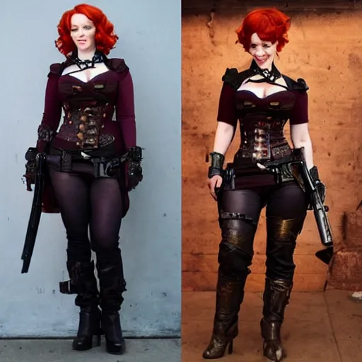 Image similar to full body photo of christina hendricks as a steampunk rogue warrior