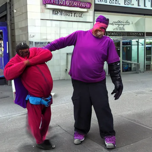 Prompt: homeless man fighting barney