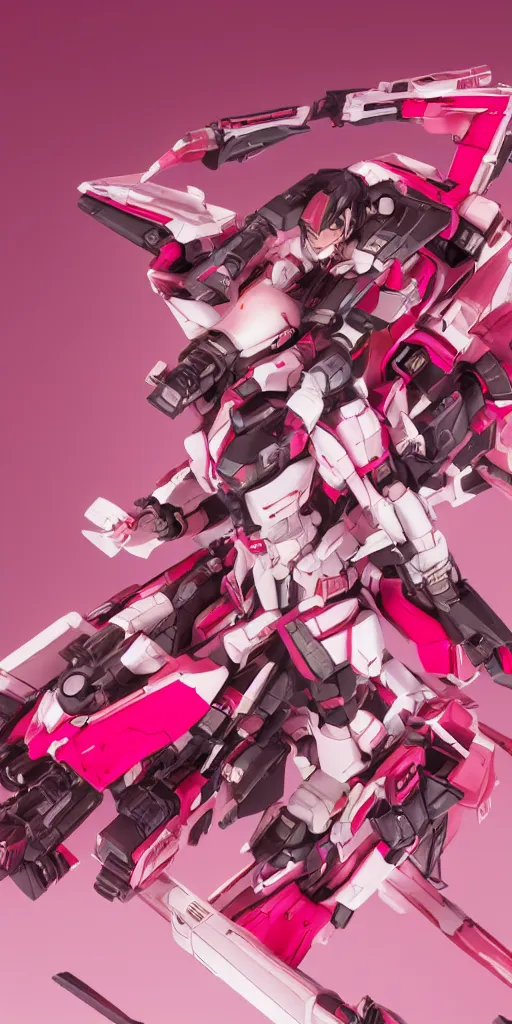 Image similar to isometric of female gundams in pink and red collection ， 3 d octane render ， provenance ， detailed,