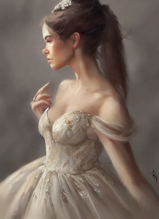 Image similar to a beautiful woman in an unusual ballgown. beautiful highly detailed face, looking directly at the viewer. painting by artgerm and greg rutkowski and magali villanueve.