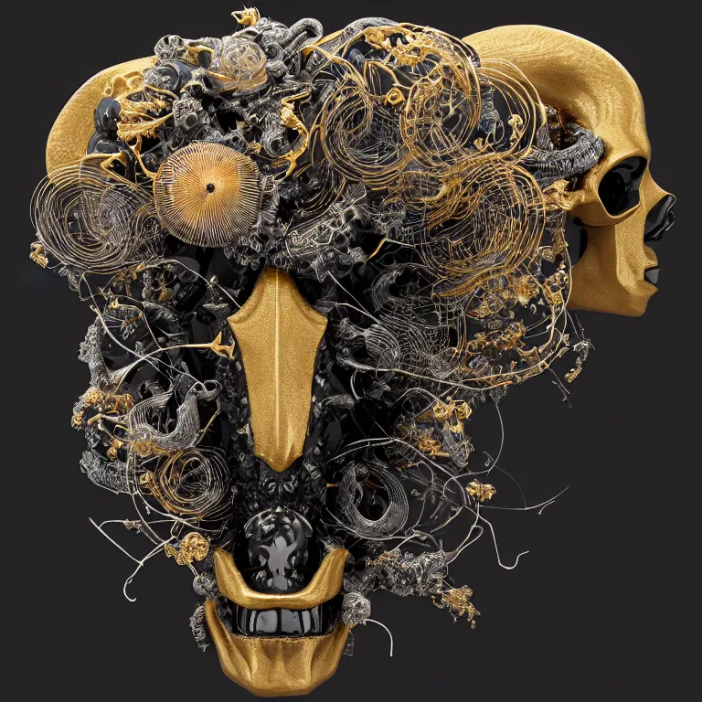 Image similar to black background. absolutely symmetrical sculpture. centered. goddess princess face close-up portrait ram skull. sculpture made of gold and black charcoal. jellyfish phoenix head, nautilus, orchid, skull, betta fish, bioluminiscent creatures, intricate artwork by Tooth Wu and wlop and beeple. octane render, trending on artstation, greg rutkowski very coherent symmetrical artwork. cinematic, hyper realism, high detail, octane render, 8k