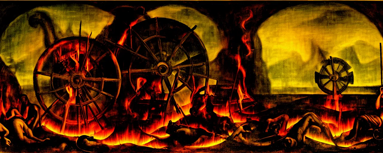 Image similar to trapped on a hedonic treadmill, dark uncanny surreal painting by bosch, dramatic lighting from fire glow, mouth of hell, ixions wheel