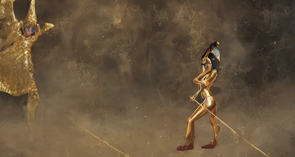 Image similar to craig mullins and ghibli digital art of a masked female violinist, dressed in exotic costumes, gold jewelry and dark hair, performs alone on a huge stage ， unreal engine, hyper realism, realistic shading, cinematic composition, realistic render, octane render, detailed textures, photorealistic, wide shot