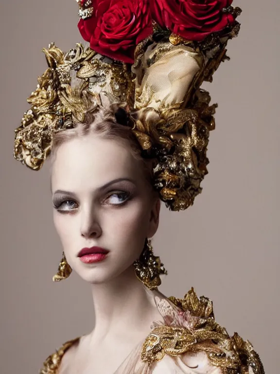 Image similar to a 65mm fashion headshot portrait of a catholic veiled Princess who has rococo dramatic headdress with roses,by Annie Stegg and Jovana Rikalo and VICTOR NIZOVTSEV and Nekro and Billelis, GUCCI,DIOR,avian-inspired,beaded embroidery,trending on pinterest,hyperreal,Kintsukuroi,gold,maximalist