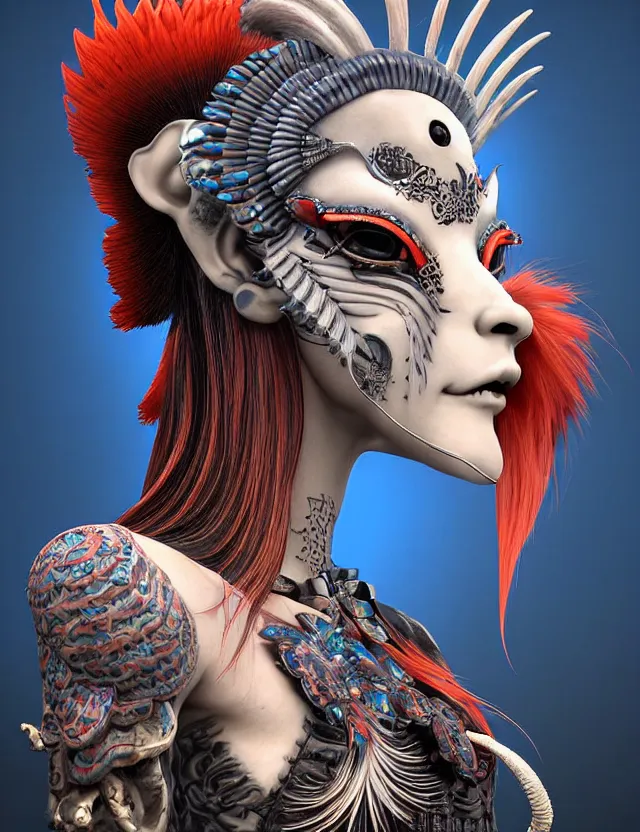 Image similar to 3 d photo realistic goddess close - up profile portrait punk with mohawk with ram skull. beautiful intricately detailed japanese crow kitsune mask and clasical japanese kimono. betta fish, jellyfish phoenix, bio luminescent, plasma, ice, water, wind, creature, artwork by tooth wu and wlop and beeple and greg rutkowski