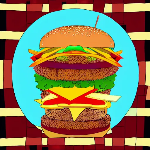 Prompt: burger and fries, falling apart, cheese flying, wacky, psychedelic art, digital art