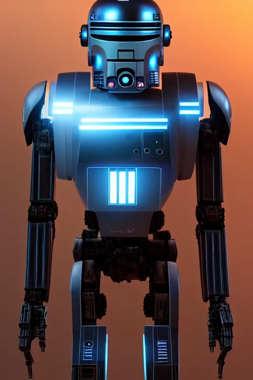 Image similar to “ enforcement droid, series 2 0 9, or ed - 2 0 9 in war thunder game. front on, symmetrical. industrial design. good design award, innovative product concepts, most respected design, amazing depth, glowing, 3 d octane cycle unreal engine 5, volumetric lighting, cinematic lighting, cgstation artstation concept art ”