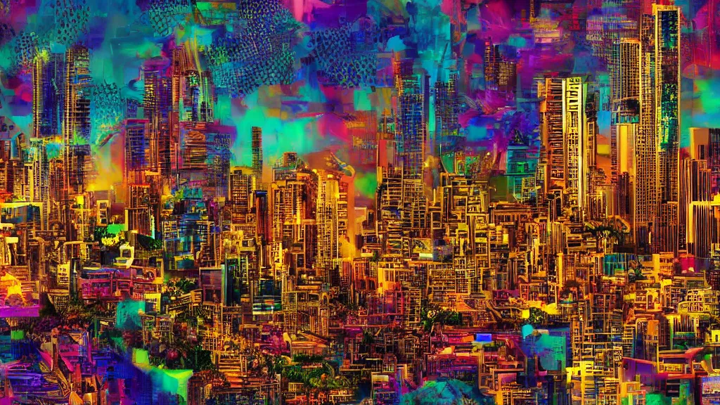 Image similar to golden city in a vaporwave jungle, 4k, ultra realistic, colorful, award winning photograph