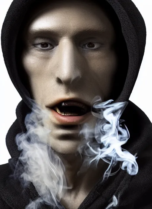 Image similar to an anthropomorphic beautiful male scientist portrait blowing smoke wearing black hoodie robe, fine art, award winning, intricate, elegant, sharp focus, octane render, hyperrealistic, wizard hat cinematic lighting, highly detailed, digital painting, 8 k concept art, art by jamie hewlett and z. w. gu, masterpiece, trending on artstation, 8 k