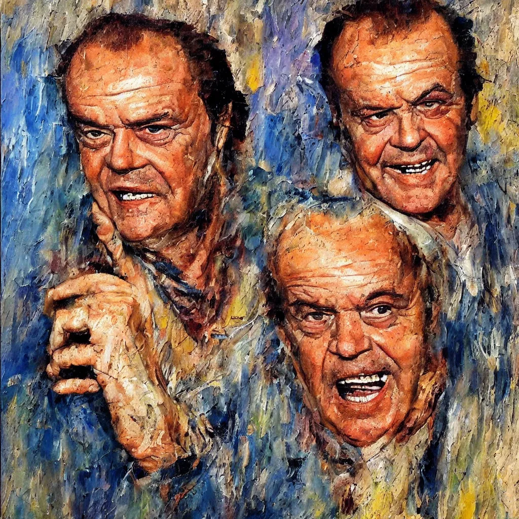 Prompt: Jack Nicholson painted in the style of the old masters, painterly, thick heavy impasto, expressive impressionist style, painted with a palette knife
