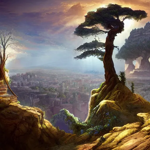 Image similar to gigantic tree on a cliff with ancient city below, above is astral world by quentin mabille