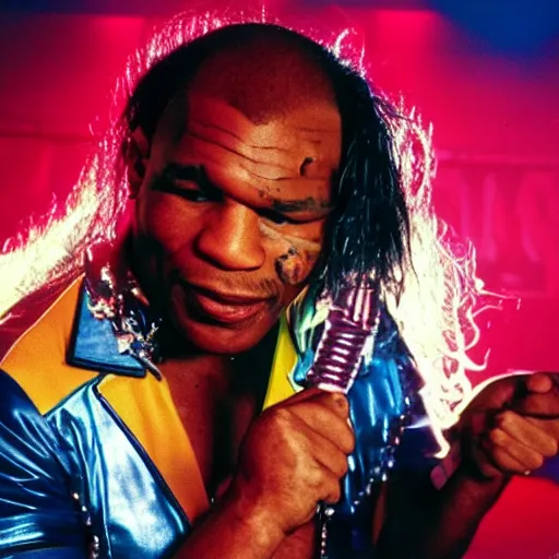 Prompt: mike tyson as the lead singer of a glamour rock band in the 1 9 8 0 s, colorful, music video still, 8 k