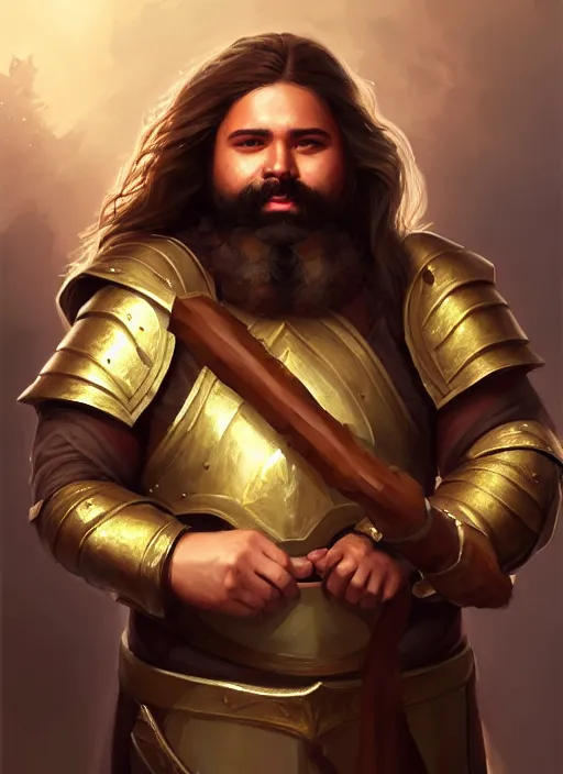 Image similar to a _ fantasy _ style _ portrait _ painting _ of esfandtv light brown male holy paladin with long wavy brown hair chubby and beard, hammer weapon, rpg dnd oil _ painting _ unreal _ 5 _ daz. _ rpg _ portrait _ extremely _ detailed _ artgerm _ greg _ rutkowski _ greg