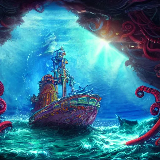 Image similar to mystical ship with kraken pulling it underwater, beautiful composition, wide angle, colorful, cinematic, volumetric lighting, intricate details painting