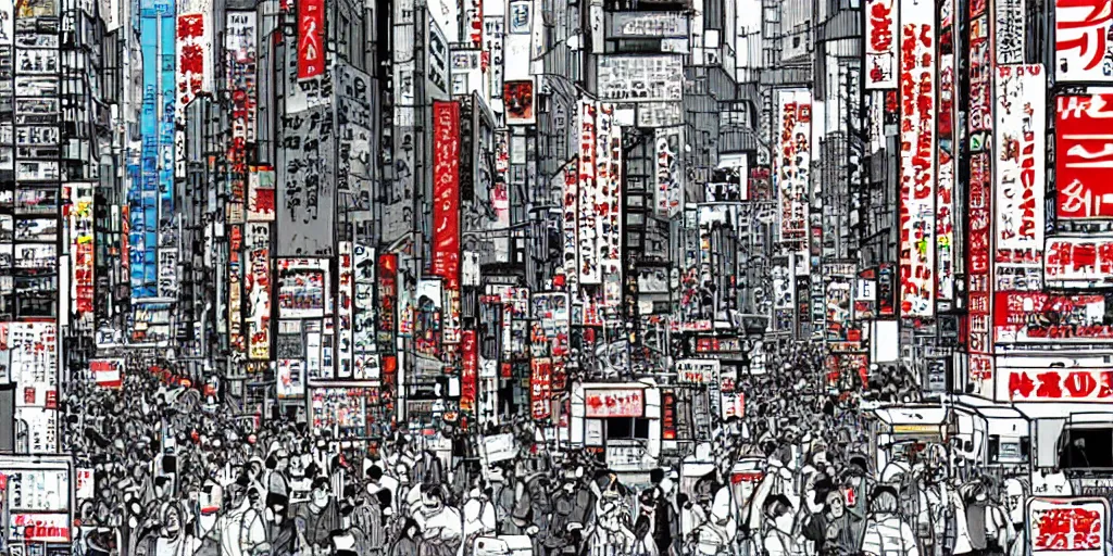 Prompt: ”akihabara drawn in akira style, katsuhiro otomo”