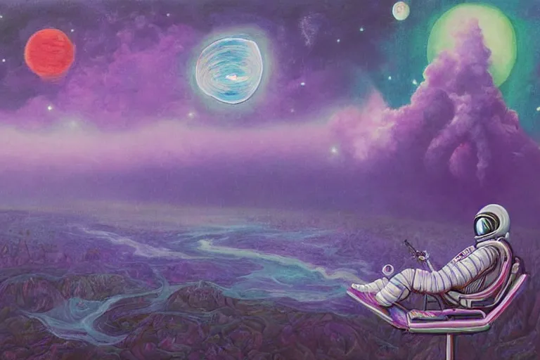 Prompt: surreal painting by chesley bonestelll!!, an astronaut sitting near a river + psychedelic vegetation + purple, pink, blue + planets and stars + mystic fog, 5 0's vintage sci - fi style, rule of third!!!!, line art, 8 k, super detailed, high quality