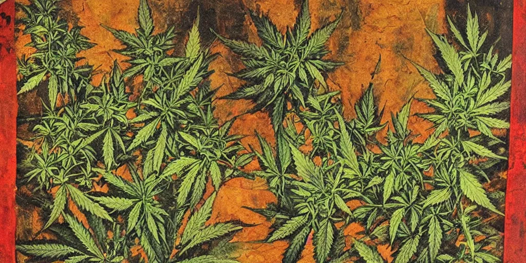 Image similar to Cannabis, ancient painting style