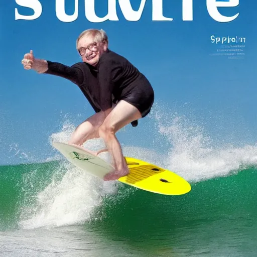 Prompt: stephen hawking catching a wave, cover of surfer magazine, july 2 0 1 1