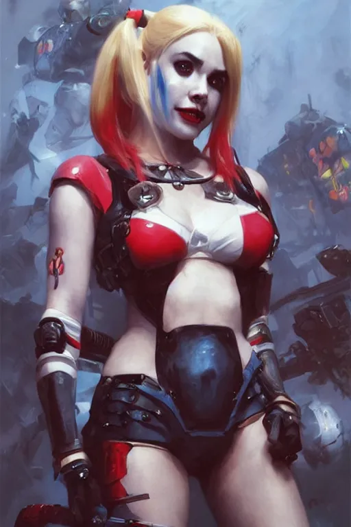 Image similar to portrait of cute Harley Quinn in bikini armor, dc comics, cyberpunk, Warhammer 40000, dark fantasy, digital art from artstation by Ruan Jia and Mandy Jurgens and Artgerm and william-adolphe bouguereau