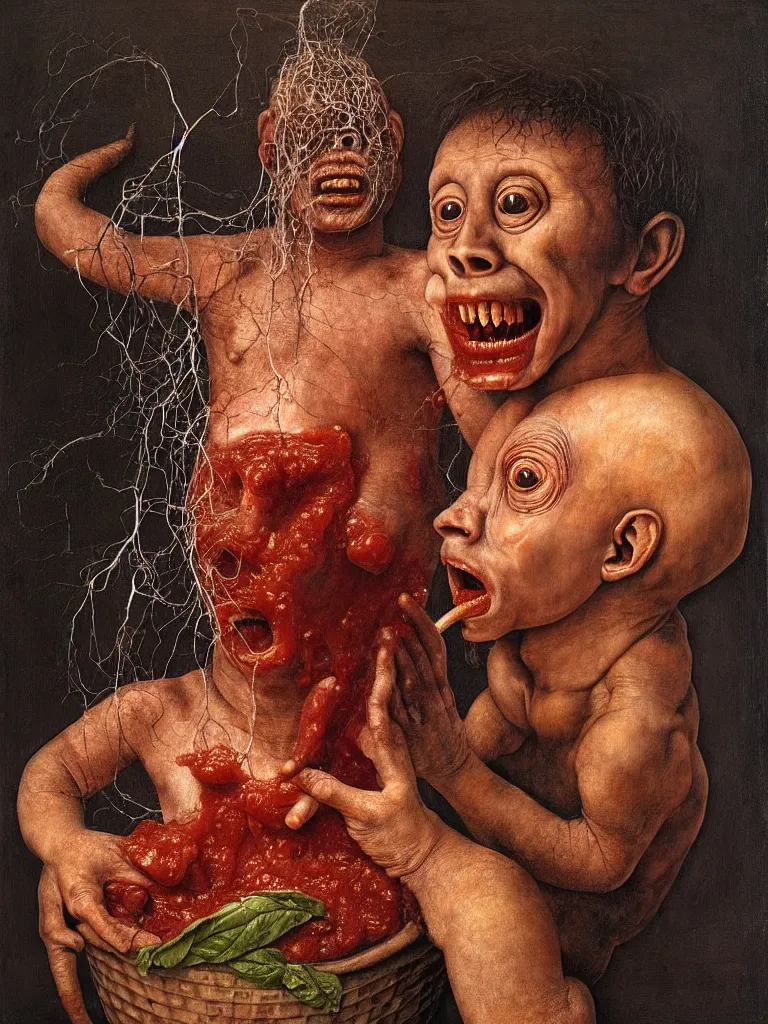 Image similar to a boy like eraserhead and elephant man sitting in a tub full of tomato sauce, looking straight into camera, screaming in desperation, by giuseppe arcimboldo and ambrosius benson, renaissance, fruit, intricate and intense oil paint, a touch of beksinski and hr giger and edward munch, realistic, rules of composition, headspace