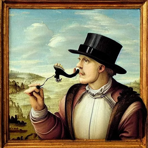 Prompt: “a beautiful renaissance painting of a dapper crocodile wearing a top hat and monocle”