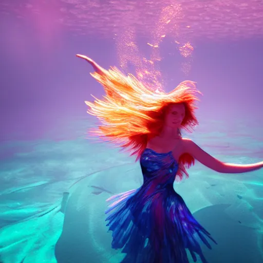 Image similar to woman dancing underwater wearing a flowing dress made of blue, magenta, and yellow seaweed, delicate coral sea bottom, swirling silver fish, swirling smoke shapes, unreal engine, caustics lighting from above, cinematic, hyperdetailed