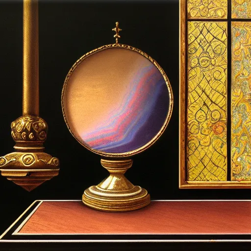 Prompt: still life renaissance pastel painting of a room with a marbled pedestal displaying an ancient holy artifact medallion, chromed and ornate with gentle iridescent shine from within. perspective from the side. realistic light and shadows. moody final fantasy art