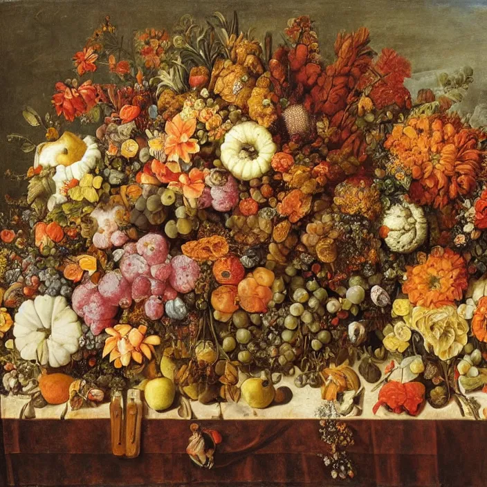 Image similar to thanksgiving supper, flowers and fruit on a wooden table, a still life by giuseppe arcimboldo, vanitas, pinterest, maximalist, intricate high detail masterpiece