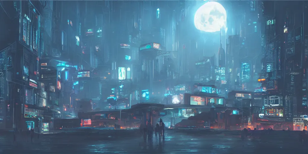 Prompt: small building, city, science fiction, cyberpunk, night, wide angle, full of people, moon, a lot of lights, cinematic lighting, high detail, digital painting, concept art, illustration, smooth, sharp focus, trending on artstation, trending on deviantart, 4 k