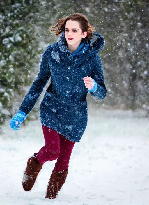 Prompt: a photo of 4 0 year old woman with short wavy curly light brown hair and blue eyes wearing colorful winter clothes is running in a snowy field. 3 5 mm. front view, emma watson