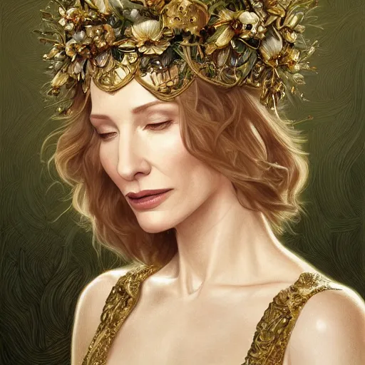 Image similar to Portrait of cate blanchett wearing a floral crown, olive skin, long dark hair, beautiful bone structure, shiny gold background, intricate, elegant, highly detailed, digital painting, artstation, concept art, smooth, sharp focus, illustration, art by artgerm and greg rutkowski and alphonse mucha