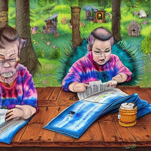 Image similar to 3 bears in tie dye shirts reading newspapers in a cottage, highly detailed, childrens fairy tale, portrait painting, illustration by scott gustafson