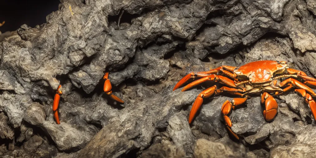 Image similar to crabs feeding on carrion inside of a dark cave, speleothems, geologic stratum, torch light, rituals, organs, extremely detailed, photorealistic, 4 k, 8 k