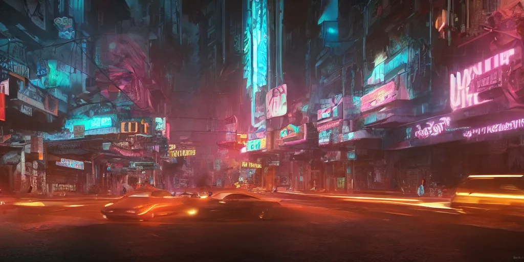 Prompt: a 3 d rendered in unreal engine guatemalan cyberpunk city with neon ads and signs with evocative dramatic mood with blade runner vibe with cars and floating vehicles with motion blur with depth of field with bloom with lightshaft with volumetric lights, fog, by jeremy mann, oscar winning graphics, photo realistic, bloom, imax, dynamic lighting, artstation,